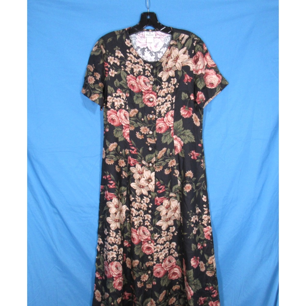 VTG HENRY & HARVIE Black FLORAL Cottagecore TWILL Button-Down SHEATH DRESS Sz S